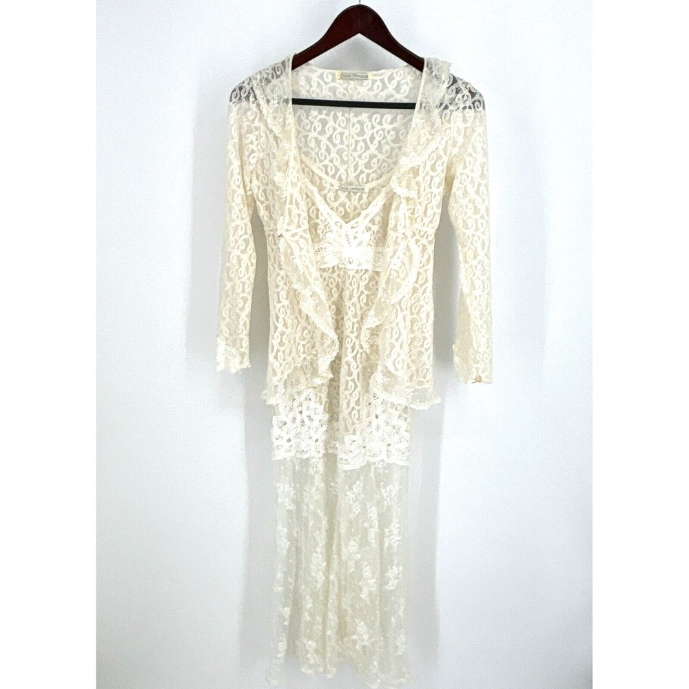 Claire Pettibone Gown w Jacket Ivory Wedding Sheer Lace Straps Size Small Boho